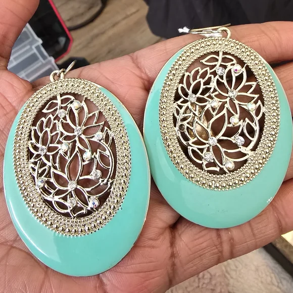 Elegant Large Turquoise Enamel Earrings - Picture 2 of 6